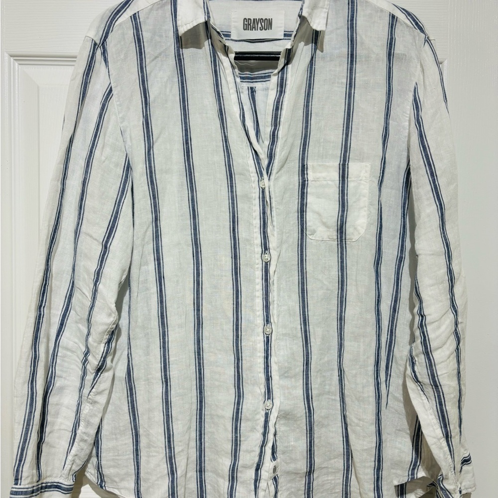 Grayson “The Hero” Women's White and Blue Striped Linen Button Down Shirt